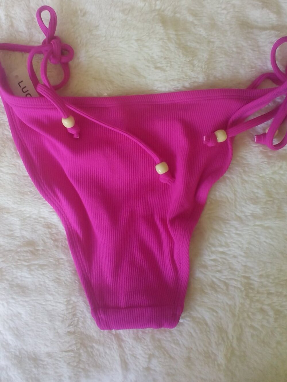 LUCKY BRAND 2-PC Swim Bikini Hot Pink Fuchsia🌷 w/Ivory Beads on Ties (S) NWT - Picture 5 of 5